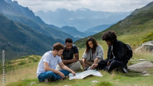 Travel group planning their route by a mountain vista
