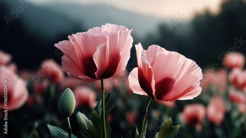Beautiful Pink Flowers Blooming Under a Soft Sunset Sky in a Serene Landscape
