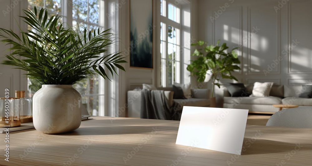 Modern Living Room With Indoor Plants and Blank Canvas on Wooden Floor in Bright Sunlight