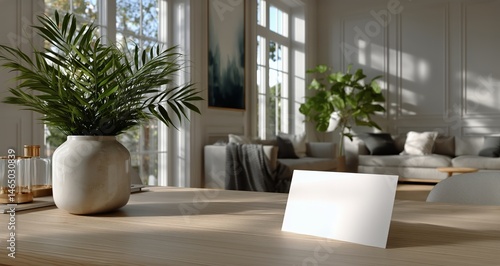 Obraz na płótnie Modern Living Room With Indoor Plants and Blank Canvas on Wooden Floor in Bright Sunlight w salonie
