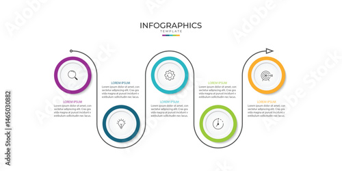 Business infographic thin line process with circle template design with icons and 5 options or steps.