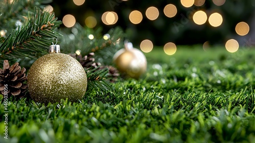 Christmas Ornaments on Green Artificial Grass with Pine and Bokeh Lights