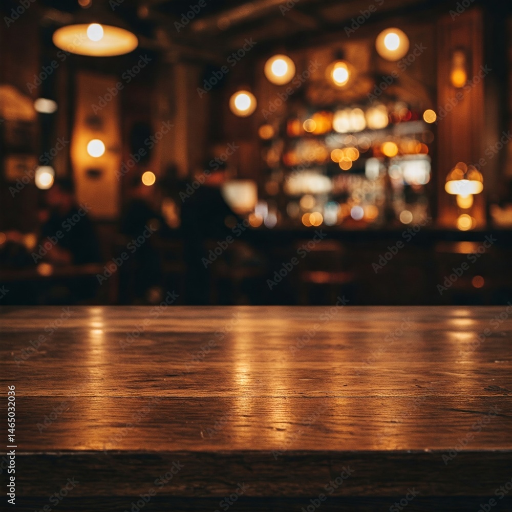 Blurred view of bar/restaurant with wooden table foreground and out-of-focus bottles/lights in the background. Warm lighting creates inviting ambiance. Blurred view of bar/restaurant with wooden table foreground and out-of-focus bottles/lights in the background. Warm lighting creates inviting ambiance.