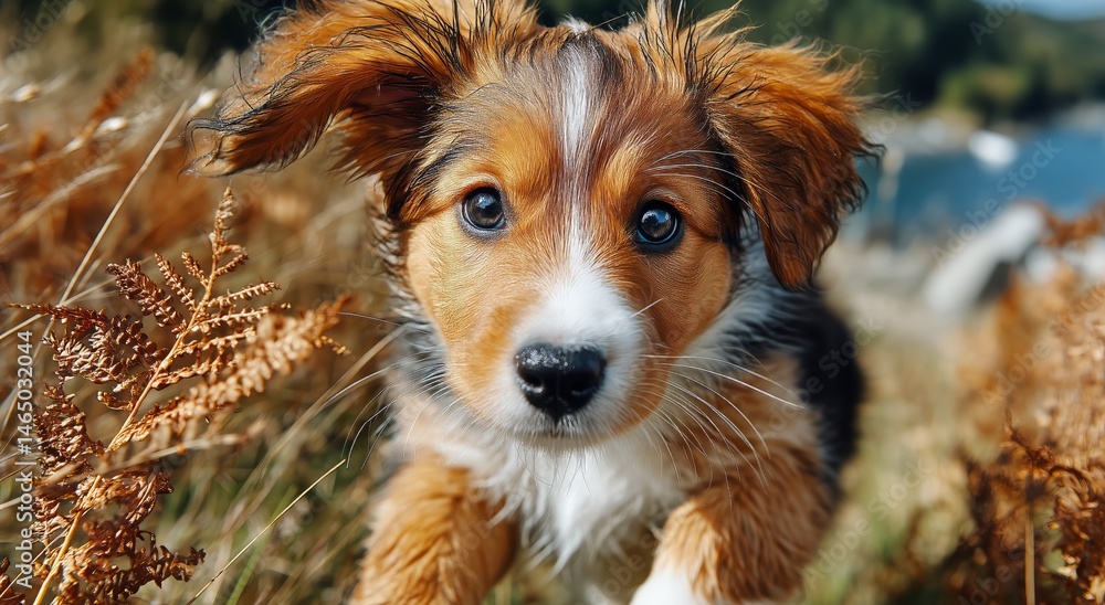 Cute Puppy Playing in the Grassy Field Near Water During a Sunny Afternoon in a Rural Setting