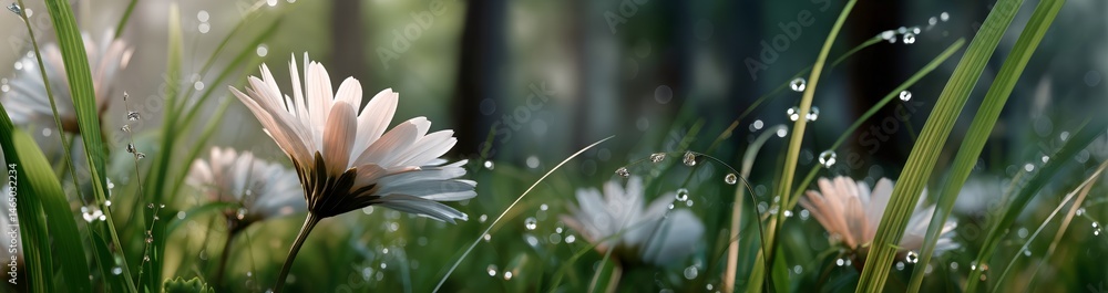 Daisies Thrive in Lush Green Foliage During a Gentle Rain Shower at Dawn