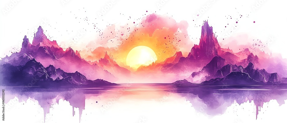 Watercolor sunset landscape, purple mountains, serene lake.