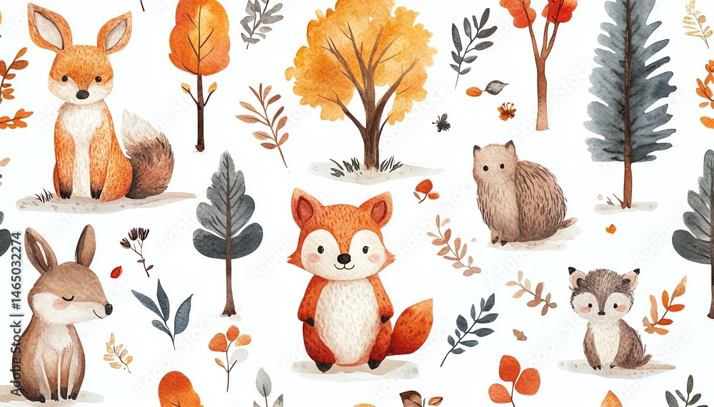 Adorable autumn woodland creatures pattern. Watercolor illustration.