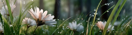 Obraz na płótnie Daisies Thrive in Lush Green Foliage During a Gentle Rain Shower at Dawn w salonie