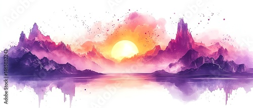 Obraz na płótnie Watercolor sunset landscape, purple mountains, serene lake. w salonie