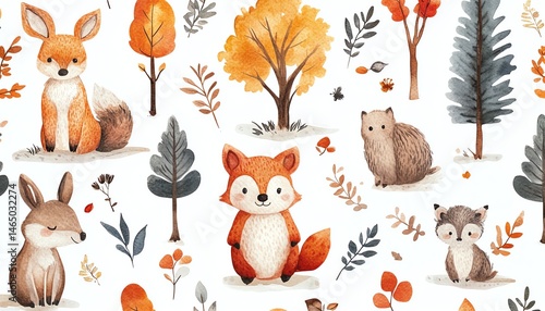 Adorable autumn woodland creatures pattern. Watercolor illustration.