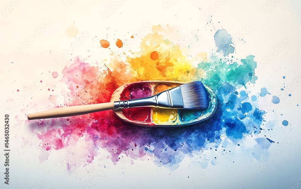 Paintbrush and palette on colorful splatter background.