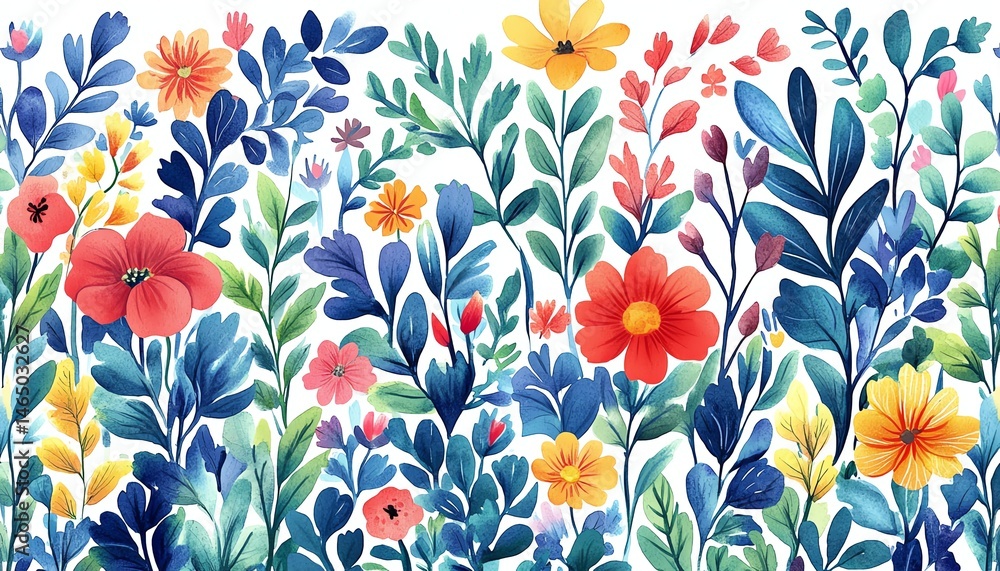 Vibrant watercolor floral illustration, colorful flowers and leaves.