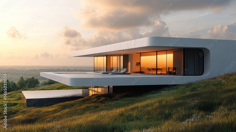 Modern hillside home at sunset Modern hillside home at sunset