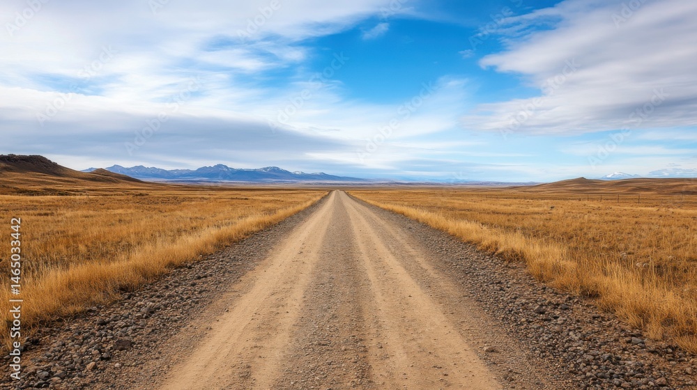 Fototapeta premium Dusty Road Through Open Landscape Under Blue Sky and White Clouds
