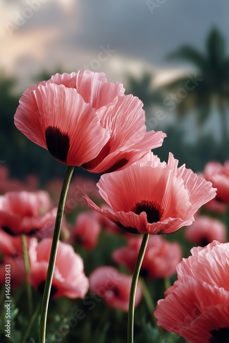 Pink Blooming Flowers Swaying Gently in a Vibrant Garden at Sunset