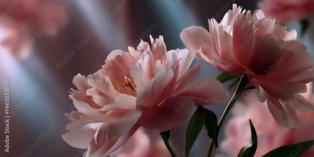 Beautiful Peonies Blooming With Soft Pink Petals Against a Blurred Background