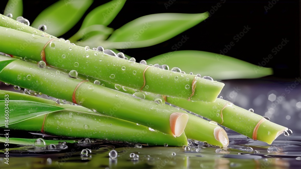 Fresh Bamboo Stalks Resting on Water Surface With Droplets in Serene Environment