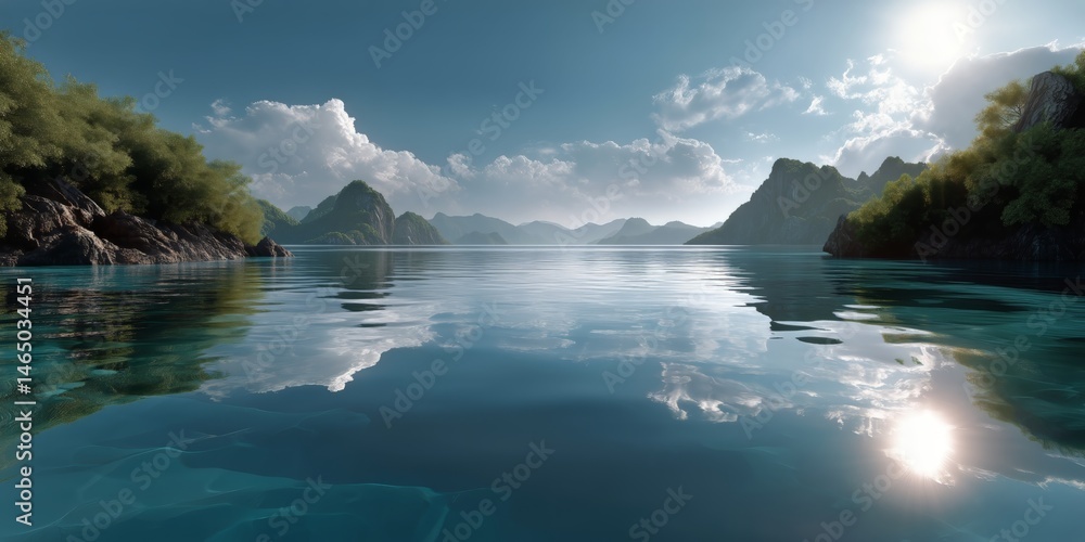 Tranquil Lake Reflecting Mountains and Clouds During a Sunny Day