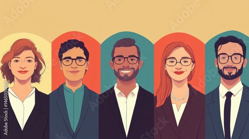 Group of five diverse professionals smiling confidently in a stylized office setting