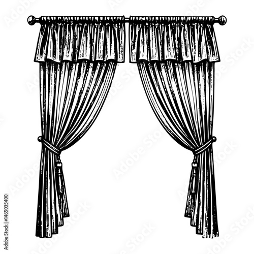 Curtain sketch engraving black and white outline. Scratch board imitation.  illustrated in vintage line art style on a white background.