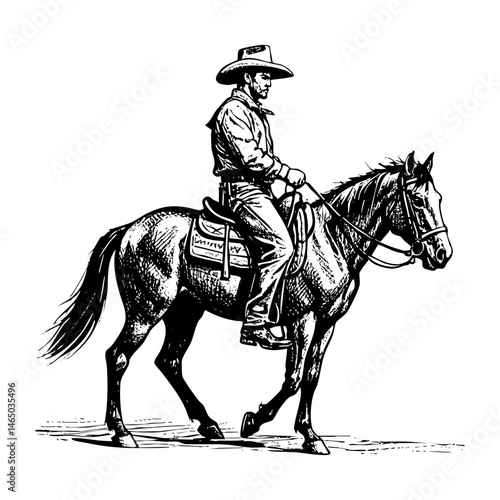 cowboy riding horse sketch engraving black and white outline. Scratch board imitation.