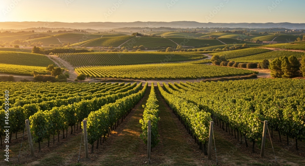 Naklejka premium Vast expanses of flourishing vineyards under the golden glow of the setting sun