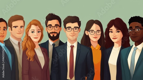Group of diverse professionals in business attire posing confidently against a pastel background