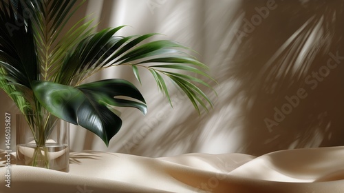 Elegant Green Plant Casting Shadows on Soft Beige Fabric in Bright Light at Home