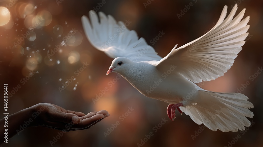 White Dove Gracefully Released From Hand During Sunset at Outdoor Location