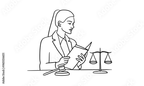Symbol of justice and order continious line art drawing. Libra or law identity concept. Woman judge holds a judge's gavel in her hand. Vector illustartion