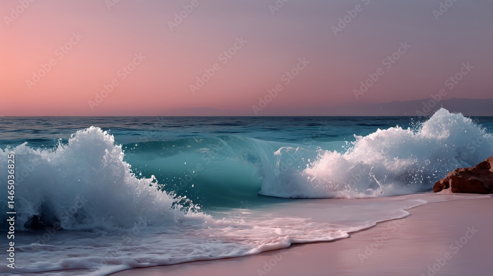 Waves Crashing on a Serene Beach During Sunset With a Colorful Sky Reflecting on the Water