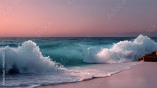 Obraz na płótnie Waves Crashing on a Serene Beach During Sunset With a Colorful Sky Reflecting on the Water w salonie