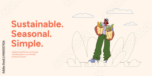 Young Woman Holding Two Grocery Paper Bags with Vegetables and Bread. Sustainable Seasonal Simple Eco Living Concept. Support Local Farm Produce. Vector Illustration Isolated on Light Background