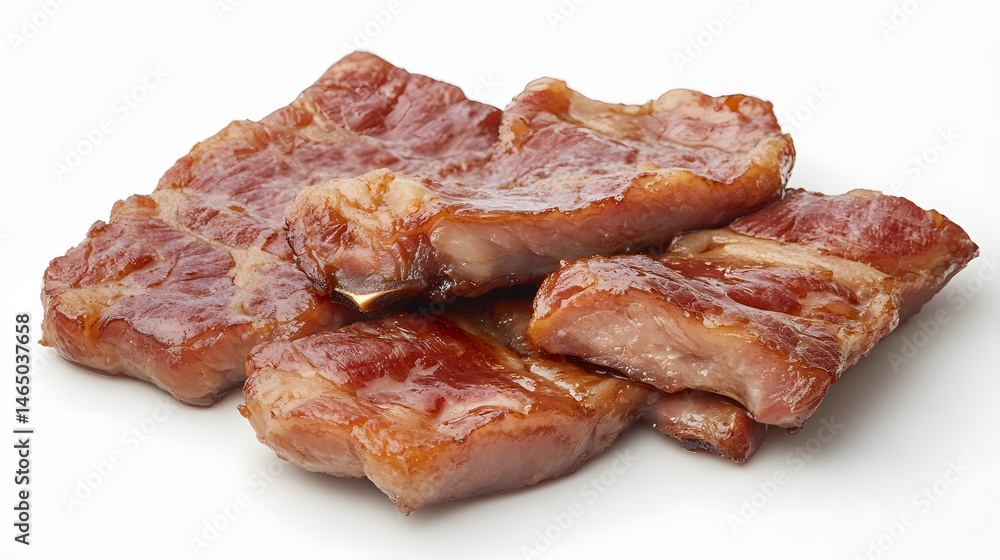 Juicy slices of char siu pork on white background, showcasing their rich, glazed texture Juicy slices of char siu pork on white background, showcasing their rich, glazed texture