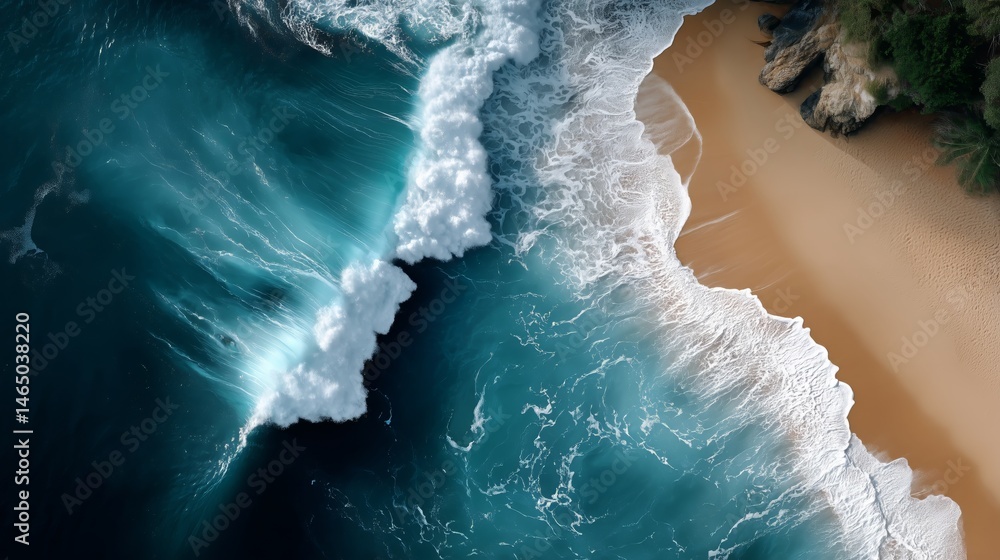 Waves Crashing on a Sandy Beach With Vibrant Turquoise Waters and Lush Greenery in the Background