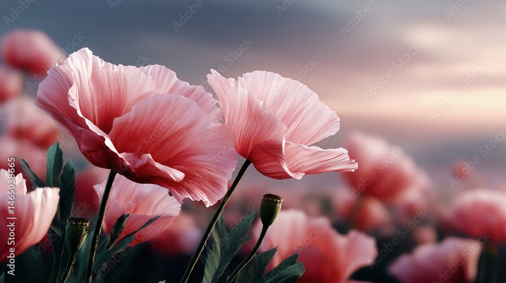 Beautiful Pink Flowers Blooming Under a Soft Sunset Sky in a Serene Landscape