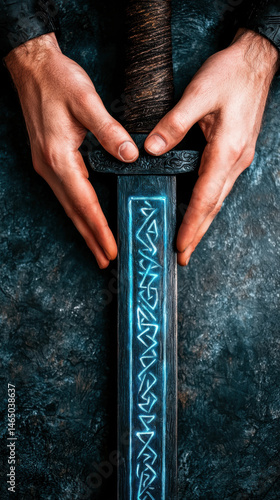 Hands gently touch rune inscribed sword blade, glowing with blue light, against textured background