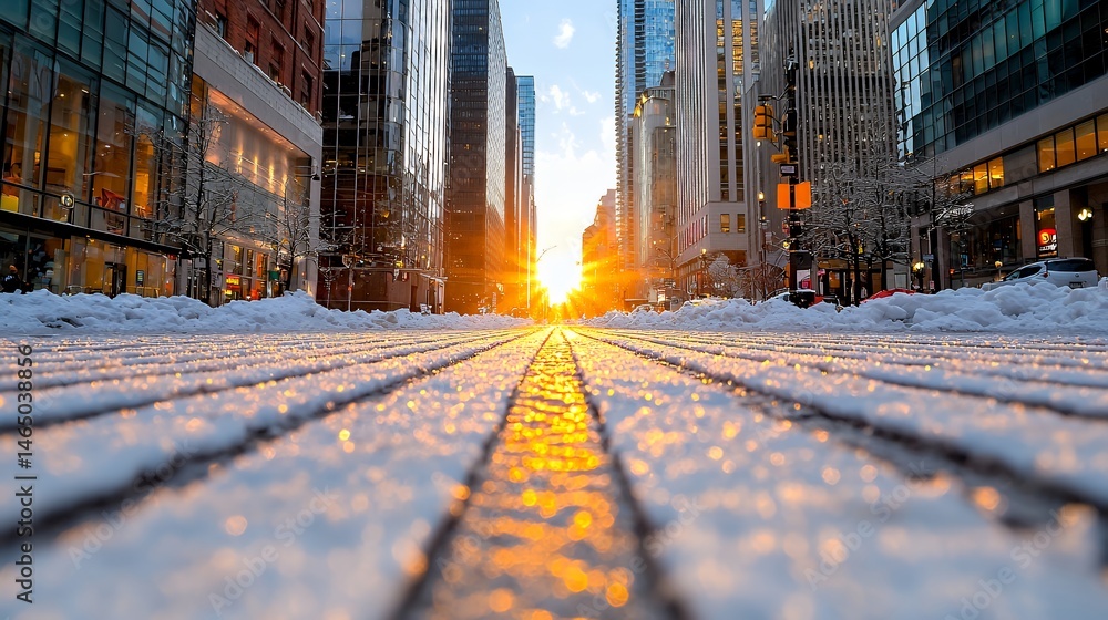 Fototapeta premium City Street View with Snow and Setting Sun at Dusk