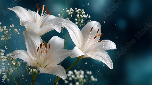Delicate White Lilies in Soft Focus With Water Droplets Against a Blurred Bac...