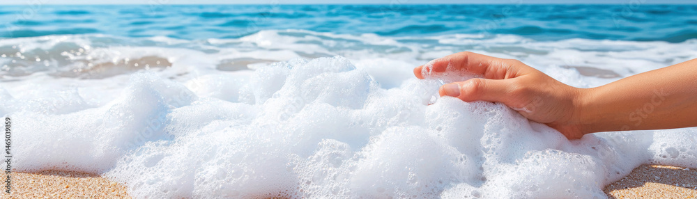 Fototapeta premium Closeup of hand touching sea foam on sandy beach with ocean waves in background