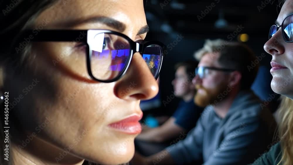 Focused young woman and colleagues view planetary images on computer screens in a dark room. Low-key lighting highlights their concentration. The scene evokes a sense of scientific exploration and Focused young woman and colleagues view planetary images on computer screens in a dark room. Low-key lighting highlights their concentration. The scene evokes a sense of scientific exploration and
