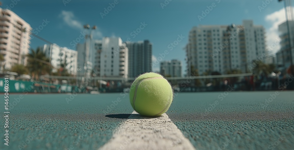 Bright Tennis Ball Resting on Court With City Buildings in Background During Sunny Day