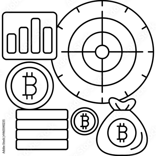 Crypto Investment Target Icon � Target Board, Bitcoin Money Bag, Bar Chart, and Coins
