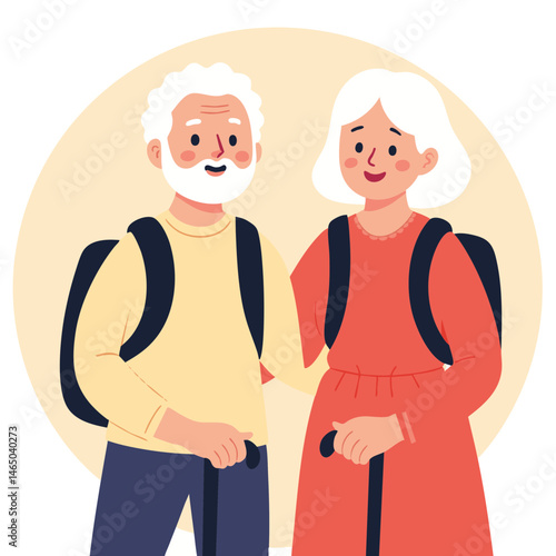 Elderly hikers with backpacks. Senior group hiking outdoors. Retired people trekking with backpacks. Active elderly walking in nature. Elderly set