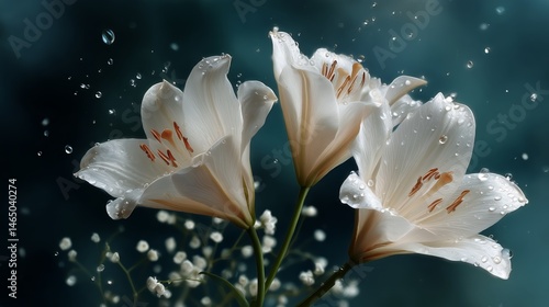 Delicate White Lilies in Soft Focus With Water Droplets Against a Blurred Bac...