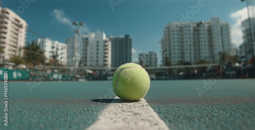 Obraz na płótnie Bright Tennis Ball Resting on Court With City Buildings in Background During Sunny Day w salonie