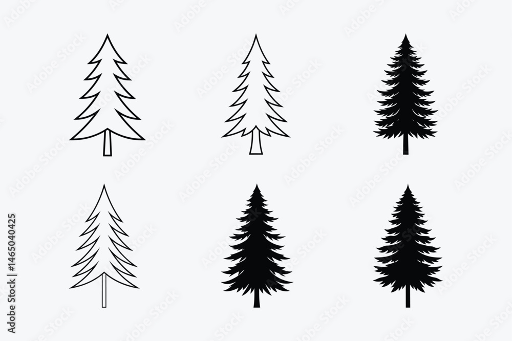 Obraz premium Fir Tree Silhouette and Outline Vector Set – Dense Pine Tree Clipart Collection