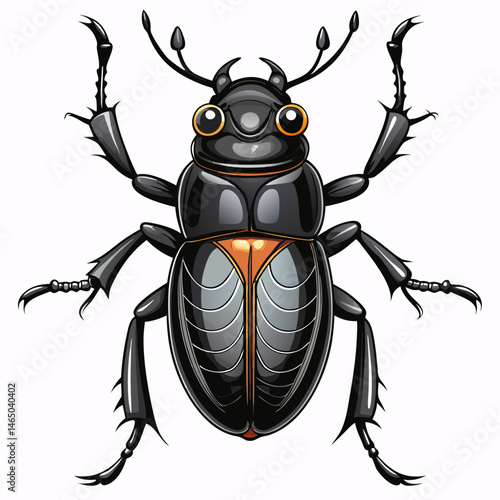A vector illustration of a sleek black ground beetle with visible legs and antennae, isolated on a white background