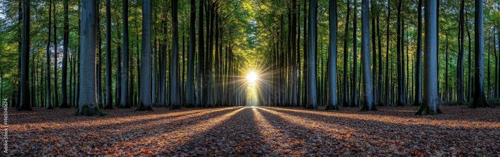 Fototapeta premium Panorama of Sunlight and Shadows in the Forest