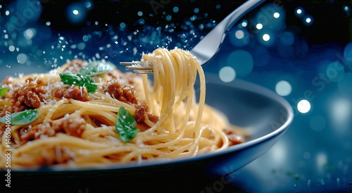 Delicious Spaghetti Twirled With Fork Showing Rich Sauce and Fresh Herbs at a...